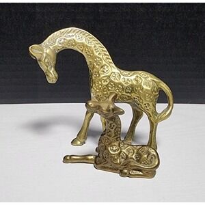 Vintage Set of Two Small Solid Brass Giraffes Mommy and  Baby